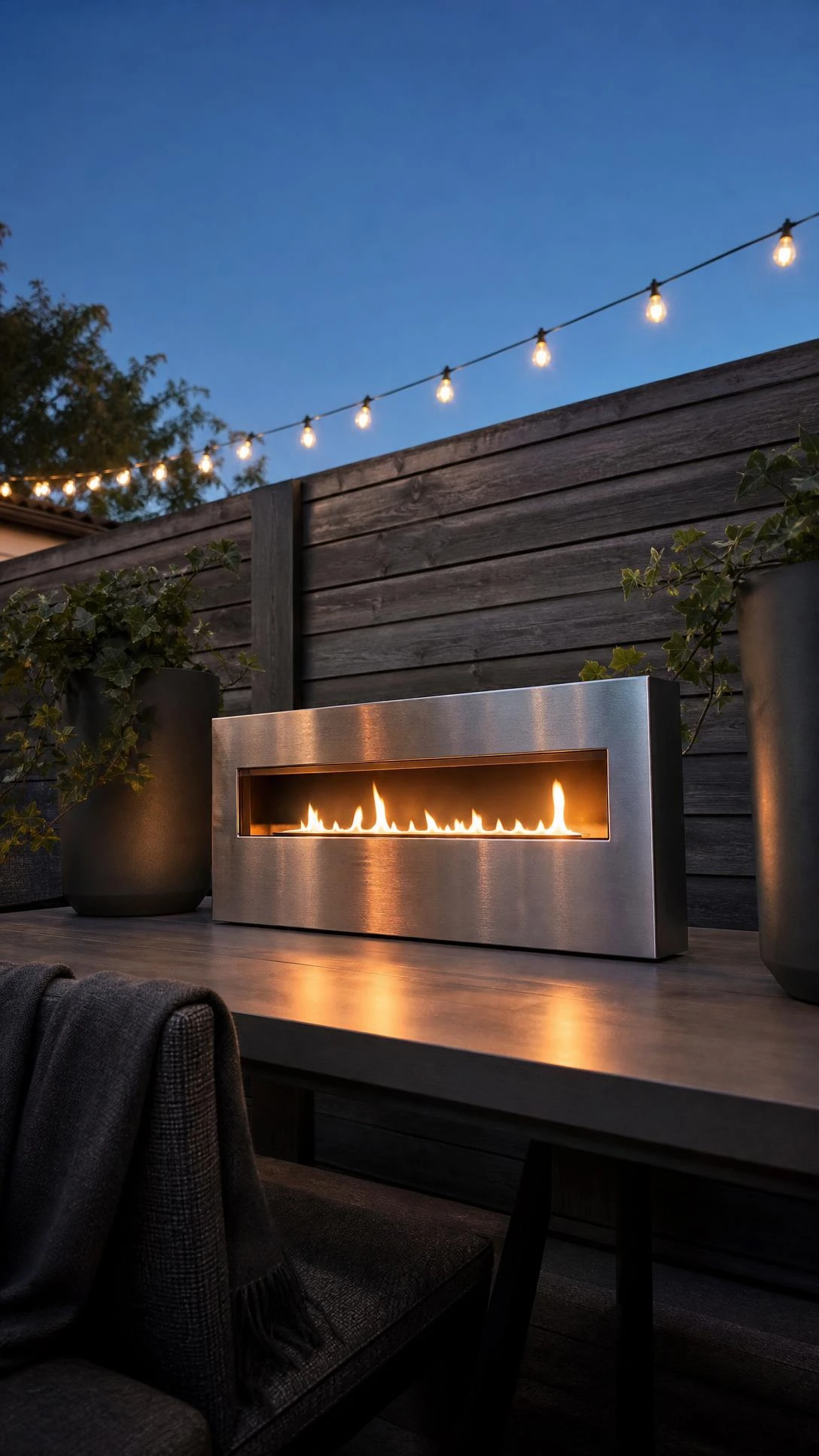 Slim rectangular stainless steel tabletop fireplace burning on a small deck table, its brushed silver surface glowing amber — a compact outdoor fireplace solution for tight spaces
