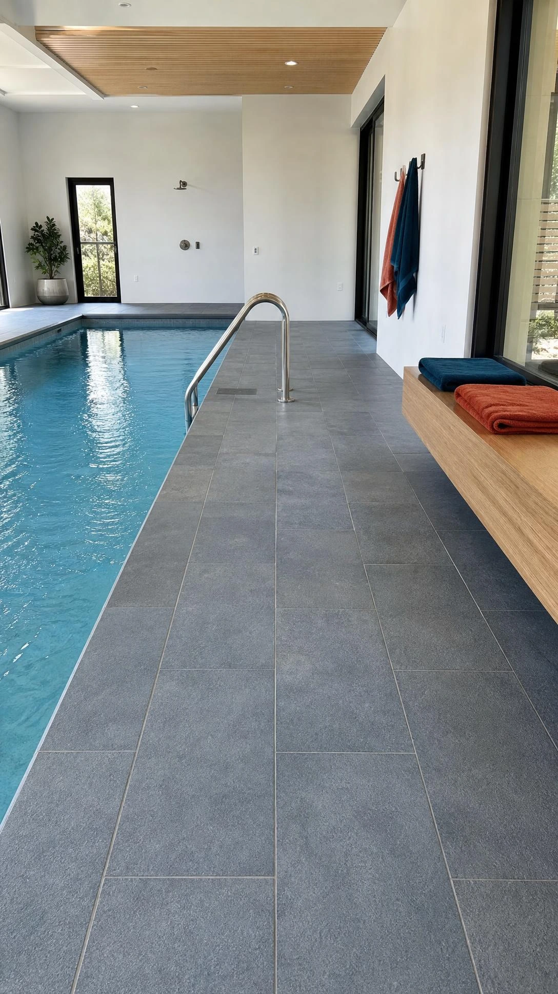 Indoor Swimming Pool Design Luxury detail showing blue-gray matte porcelain slip resistant pool surround tile at the wet pool edge.