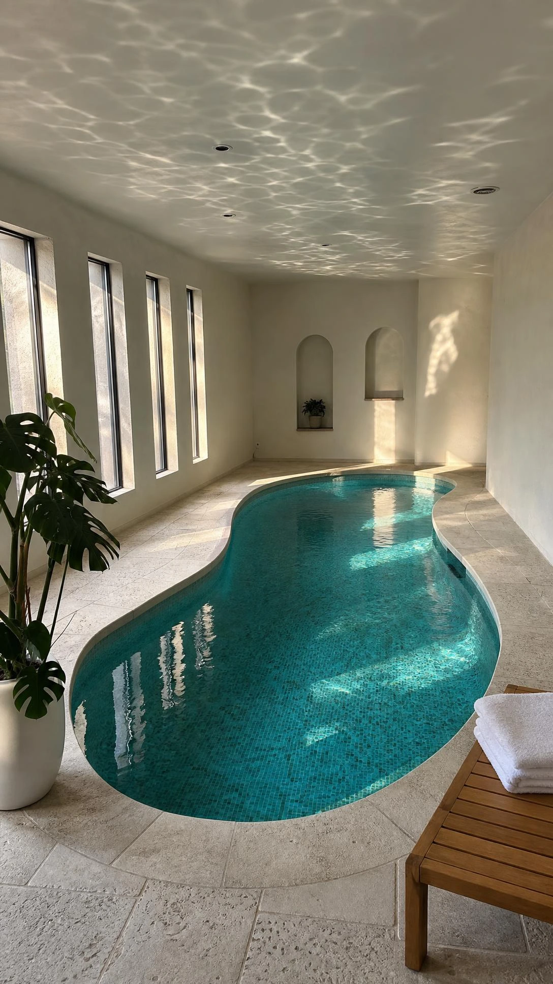 Small kidney-shaped inground pool with aquamarine water glowing inside a modest indoor pool room, proving a curved silhouette delivers big visual impact on a budget
