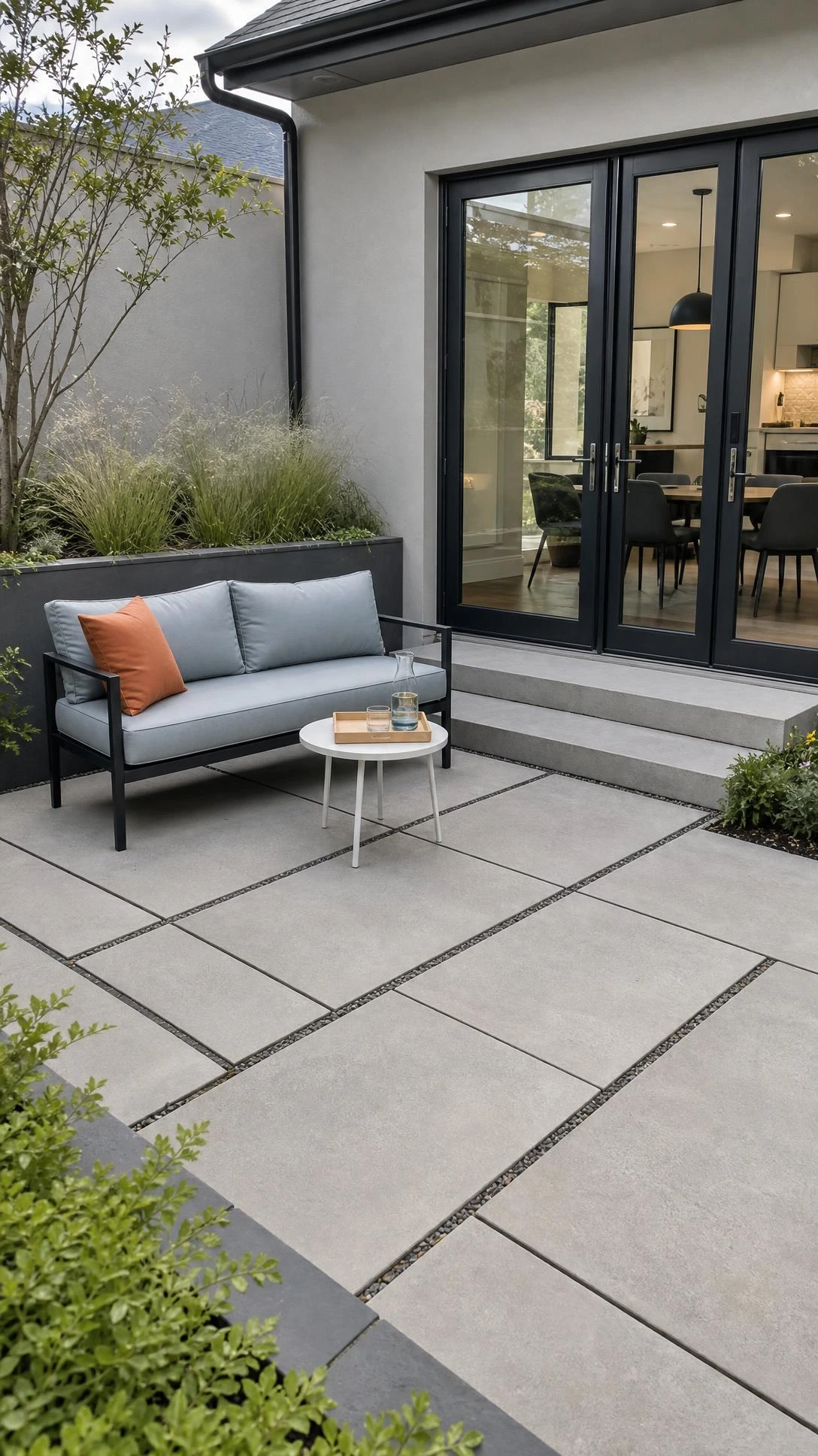 Small modern patio pavers anchor a compact townhouse backyard with large-format concrete rectangles and gravel joints in a crisp layout.