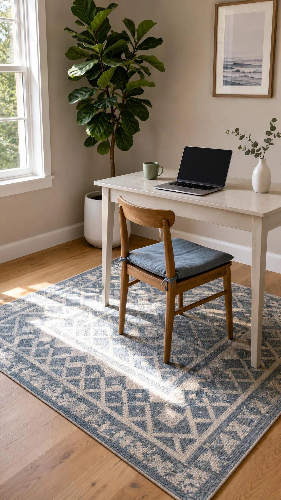 Dusty blue geometric rug defining a small home office work zone on light oak hardwood floors, anchoring a slim white desk setup