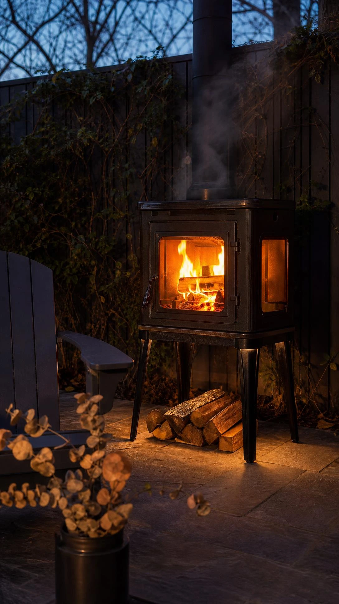 Small matte black cast iron wood-burning fireplace on metal legs with glass door glowing orange from a live fire on a cozy outdoor patio