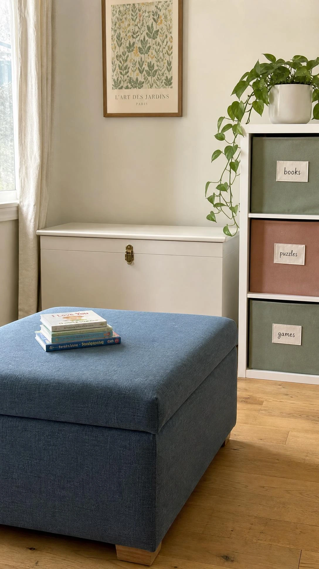 Dusty blue fabric storage ottoman in a shared family bedroom concealing toys inside — smart toy storage that closes keeps adult spaces feeling calm