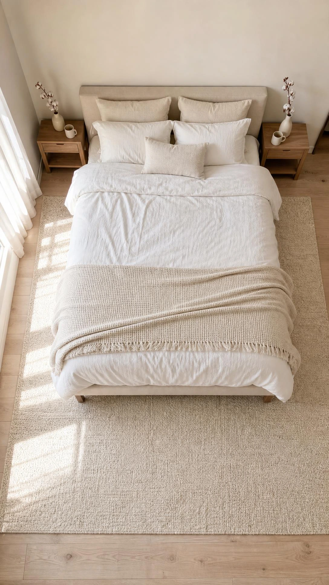 Overhead view of a plush woven wool beige rug centered under a low-profile bed, its warm ivory and sand tones grounding the white and beige bedroom in natural daylight