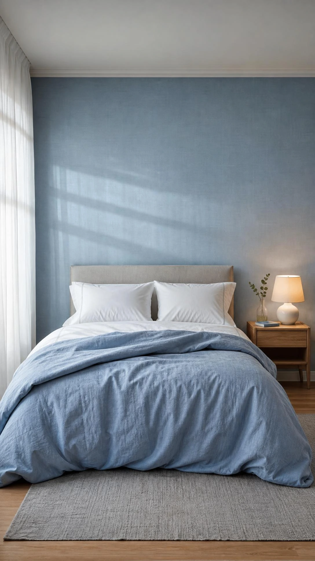 Soft blue bedroom wallpaper with linen-like texture covering the full wall behind a white and chambray-dressed bed, creating a calm sleep-ready space