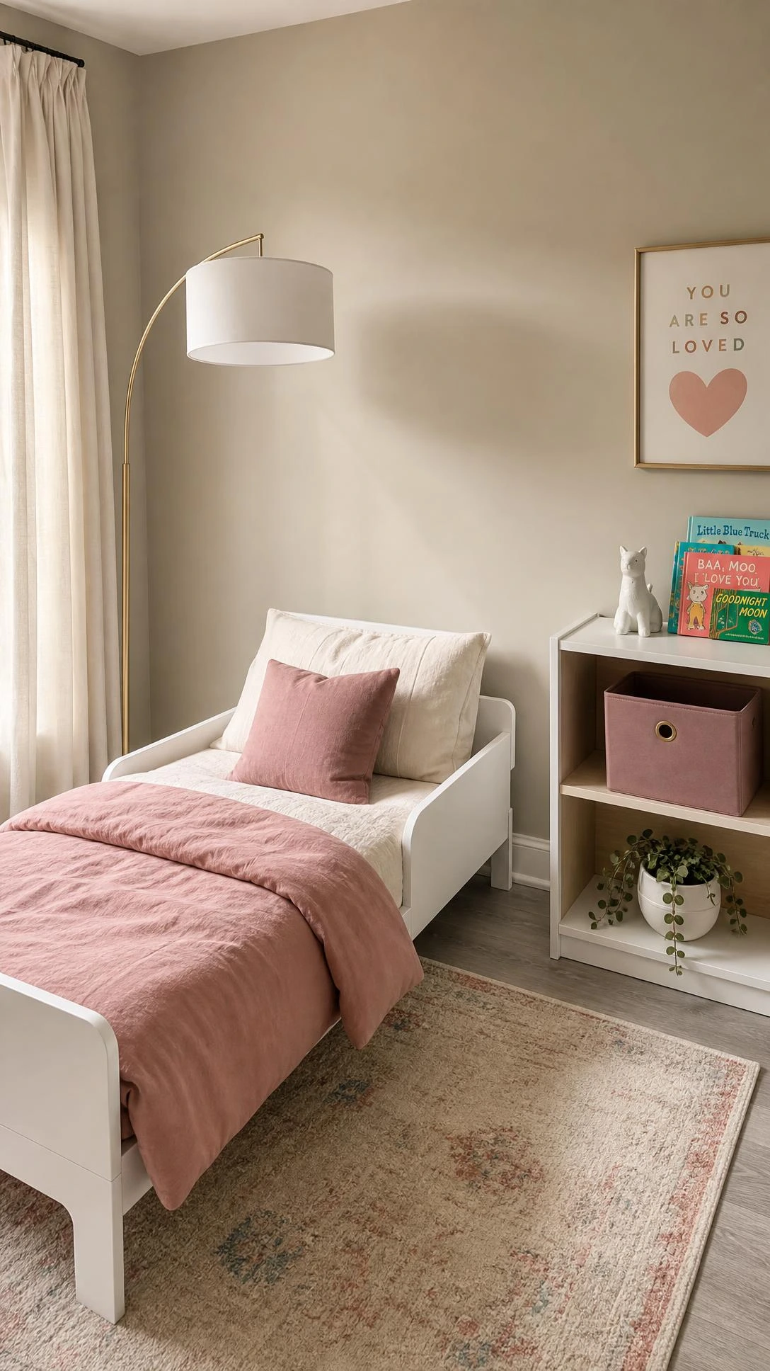 Warm putty-beige neutral wall color in a small toddler bedroom, creating a calm, cozy atmosphere that makes the compact space feel inviting