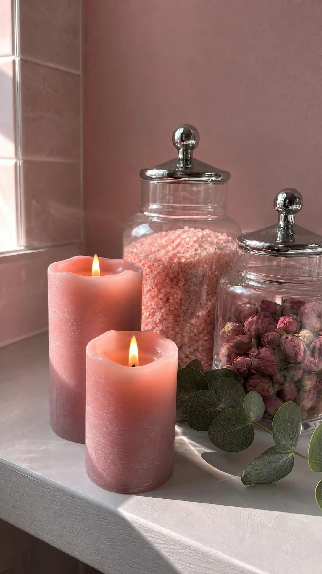 Lit blush pink pillar candles beside clear apothecary jars with chrome lids on a pink bathroom shelf, creating a soft feminine spa-like atmosphere