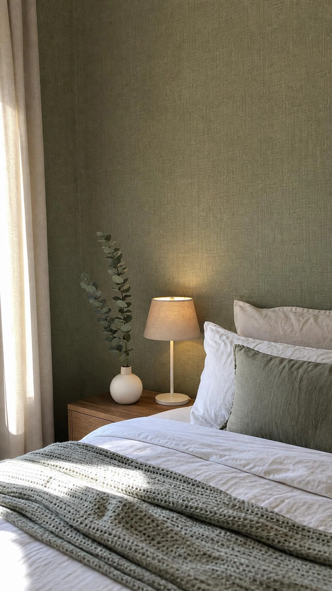 Soft sage green wallpaper with linen-like matte texture covering a bedroom wall, bathed in warm natural window light for a calming, earthy atmosphere