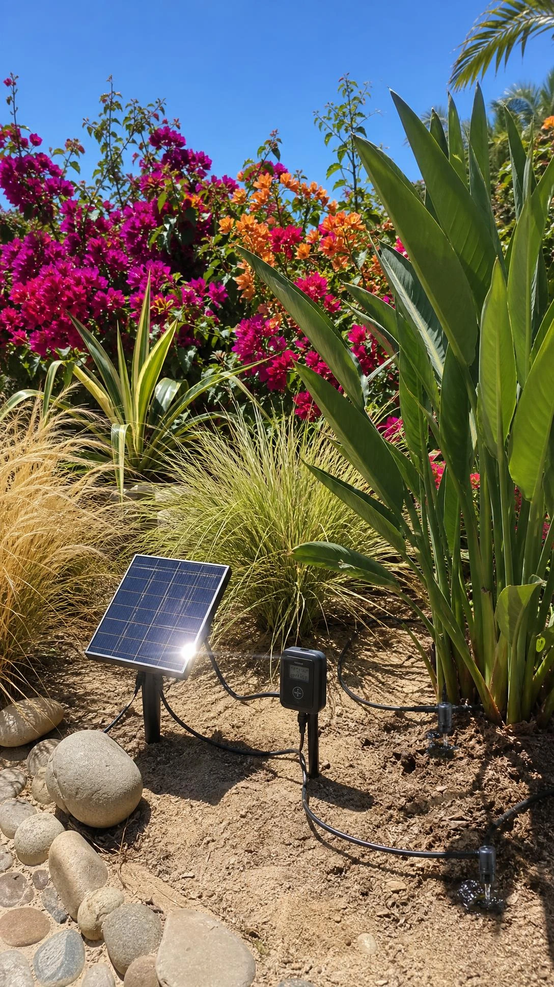 Solar drip irrigation system with black panel staked in sandy Florida garden bed, keeping native tropicals and flowering perennials hydrated between rains