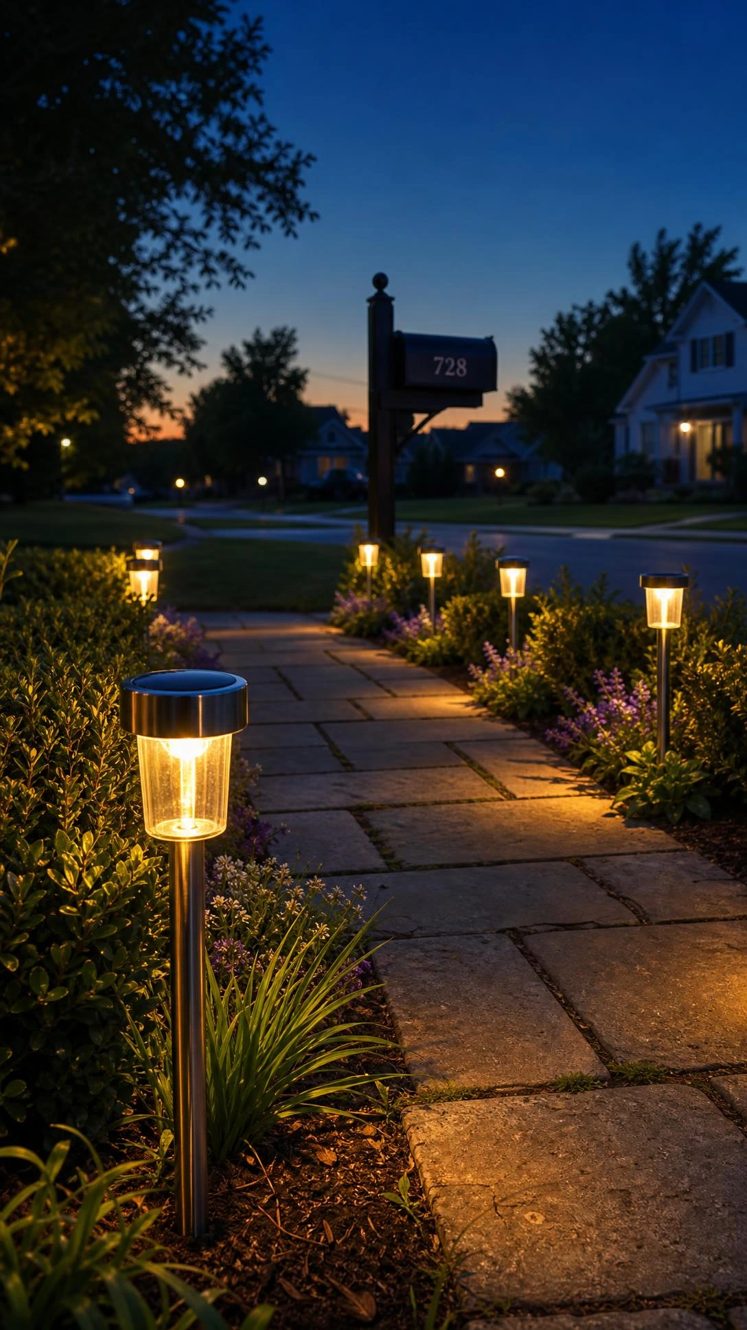Solar path lights flanking a stone paver walkway lead to a black metal mailbox at dusk, creating warm curb appeal lighting