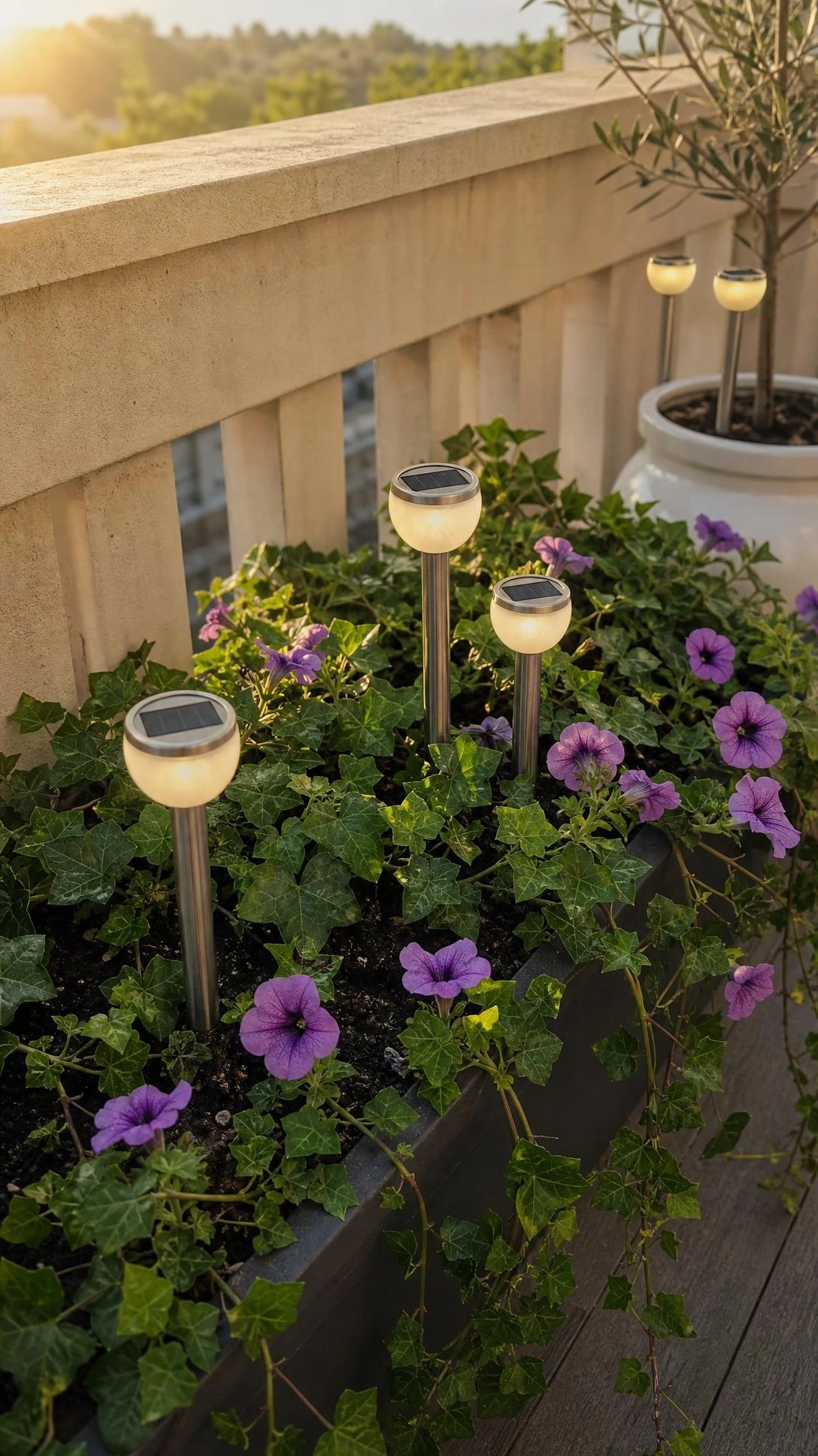 Solar-powered garden stake lights with frosted globe tops glowing warm white, nestled among ivy and violet petunias in a balcony planter box