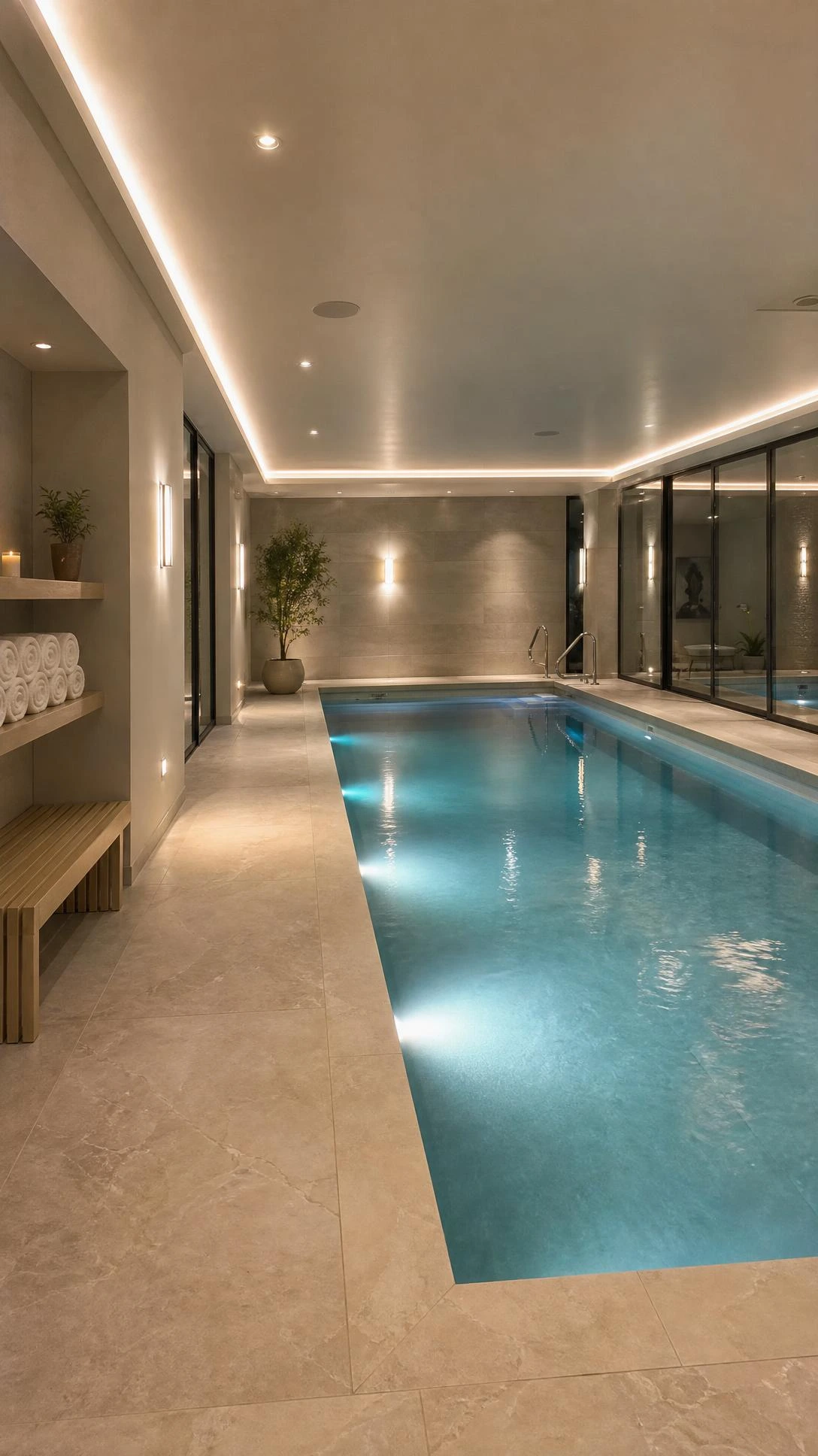 Spa style pool lighting transforms this upscale indoor pool with aqua underwater LEDs, warm recessed lights, wall sconces, and cove glow.