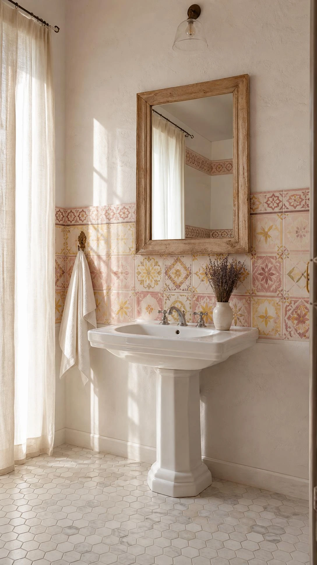 Coastal bathroom with hand-painted Spanish ceramic tile accents in pale blush pink and butter yellow, forming a decorative band that adds artisan warmth without full renovation