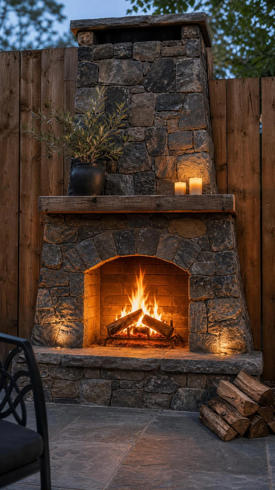 DIY stacked stone outdoor fireplace built flush against a wooden fence wall, featuring natural fieldstone in charcoal, slate gray, and taupe tones from base to chimney top