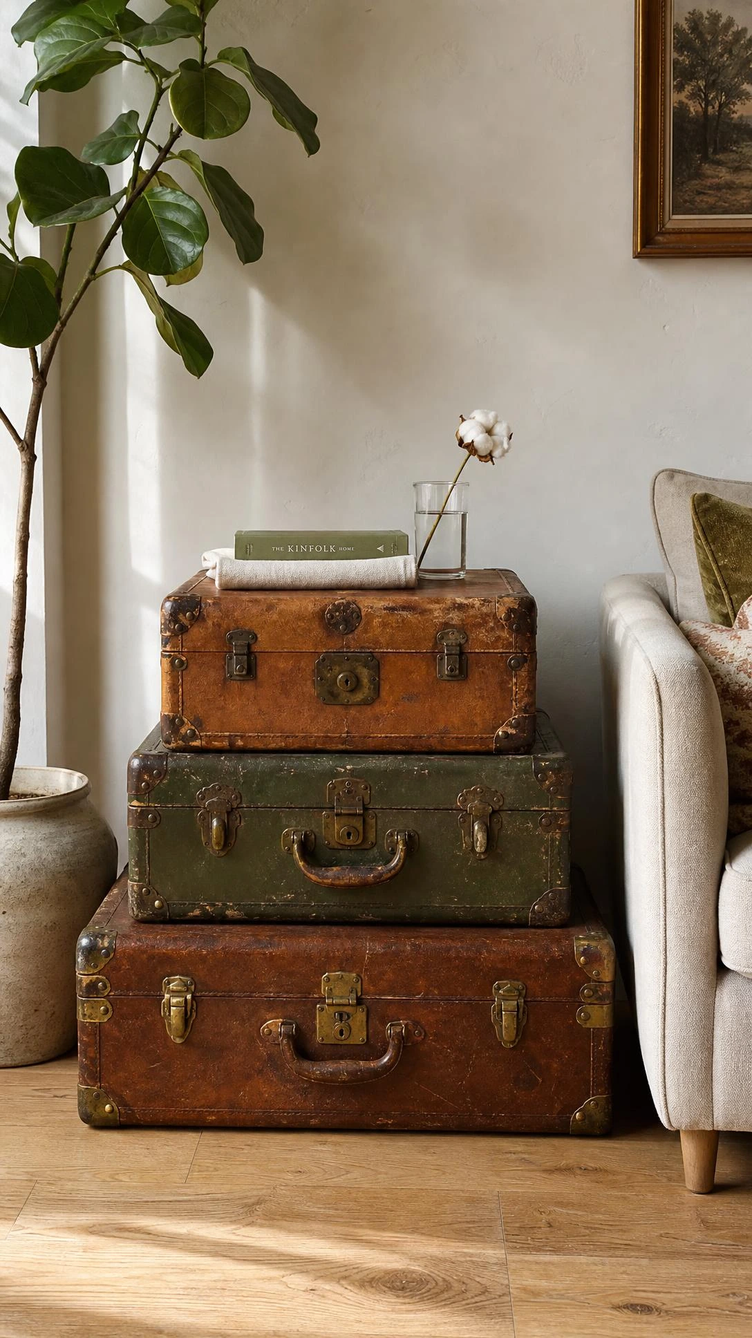 Three mismatched vintage leather trunks stacked as a corner side table, showcasing cognac, olive, and caramel patinas with brass hardware in a sun-lit living room corner