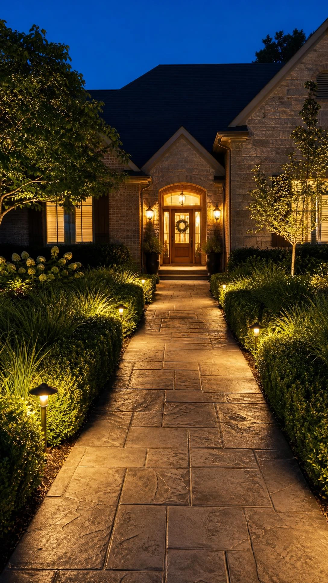Stamped concrete walkway with slate-pattern texture and warm landscape lighting guiding the eye toward a welcoming front door at dusk