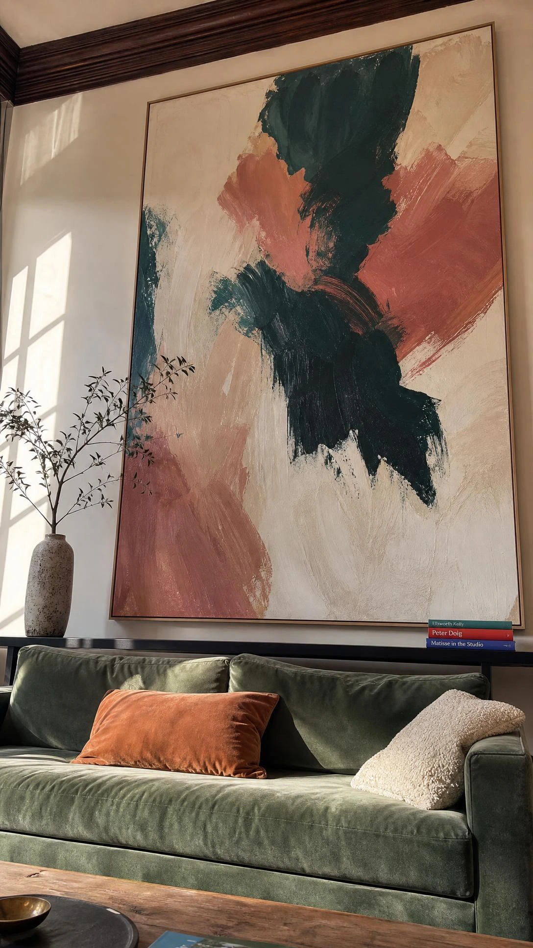 Oversized abstract painting with teal, terracotta, and cream strokes displayed as statement art above a wide upholstered sofa in a warm living room