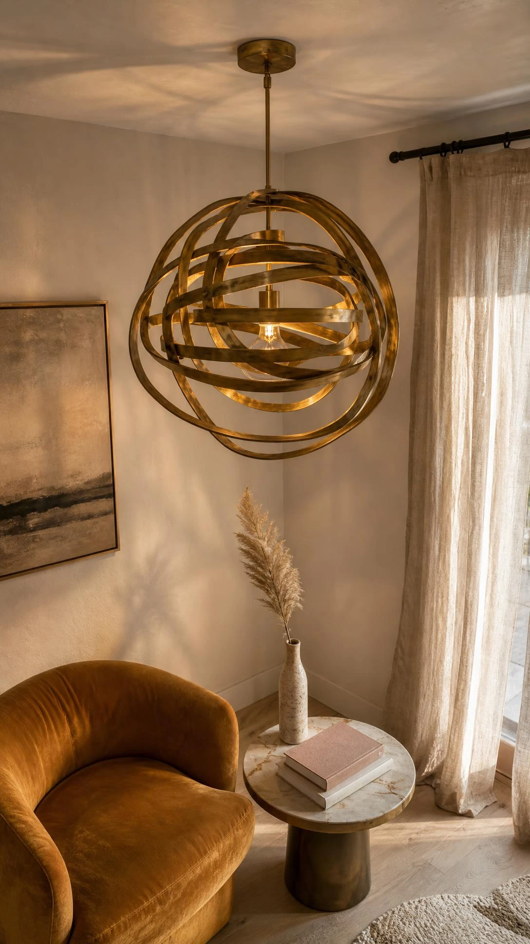 Oversized sculptural pendant light with brushed aged finish anchoring a styled living room corner, proving statement lighting transforms a room's entire personality