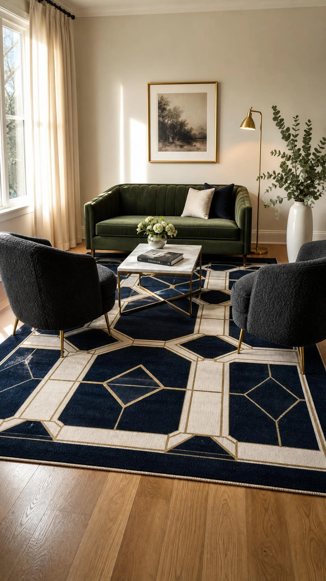 Large statement area rug anchoring a compact formal seating arrangement in a small elegant modern living room with natural daylight