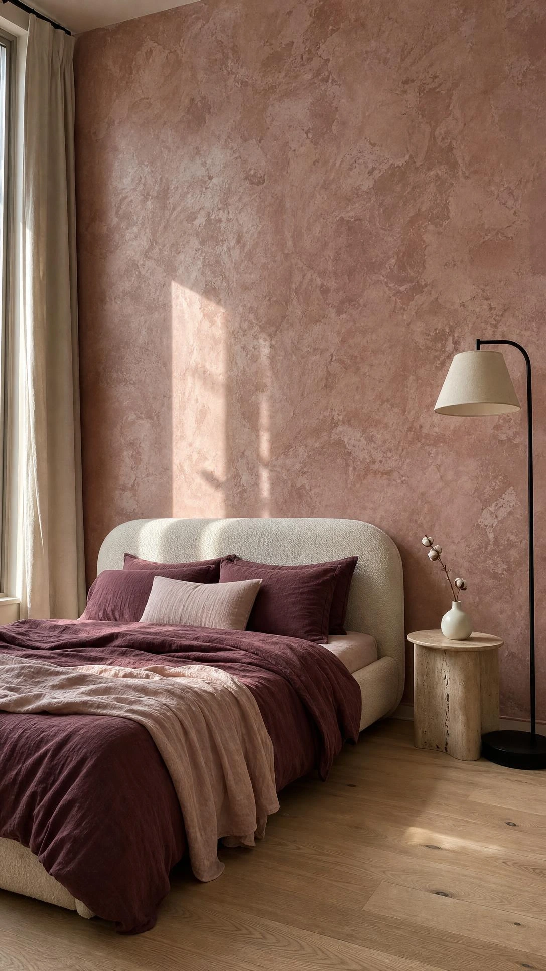 Luxurious master bedroom with full-height limewash wall in dusty rose and antique white, raking natural light revealing hand-applied mineral texture depth