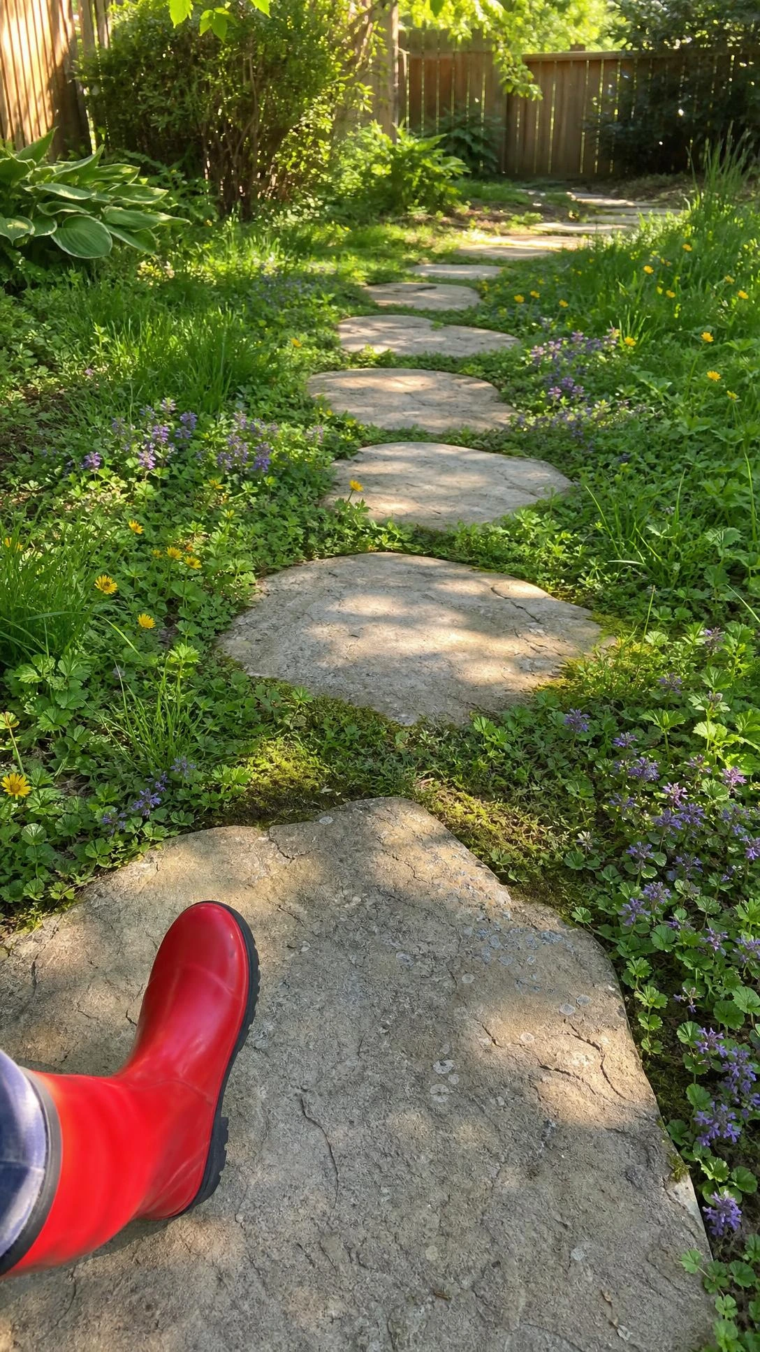Stepping stone path winding through lush backyard grass, with flat natural stones embedded in earth and soft moss growing along the edges—a kid-friendly garden walkway idea.