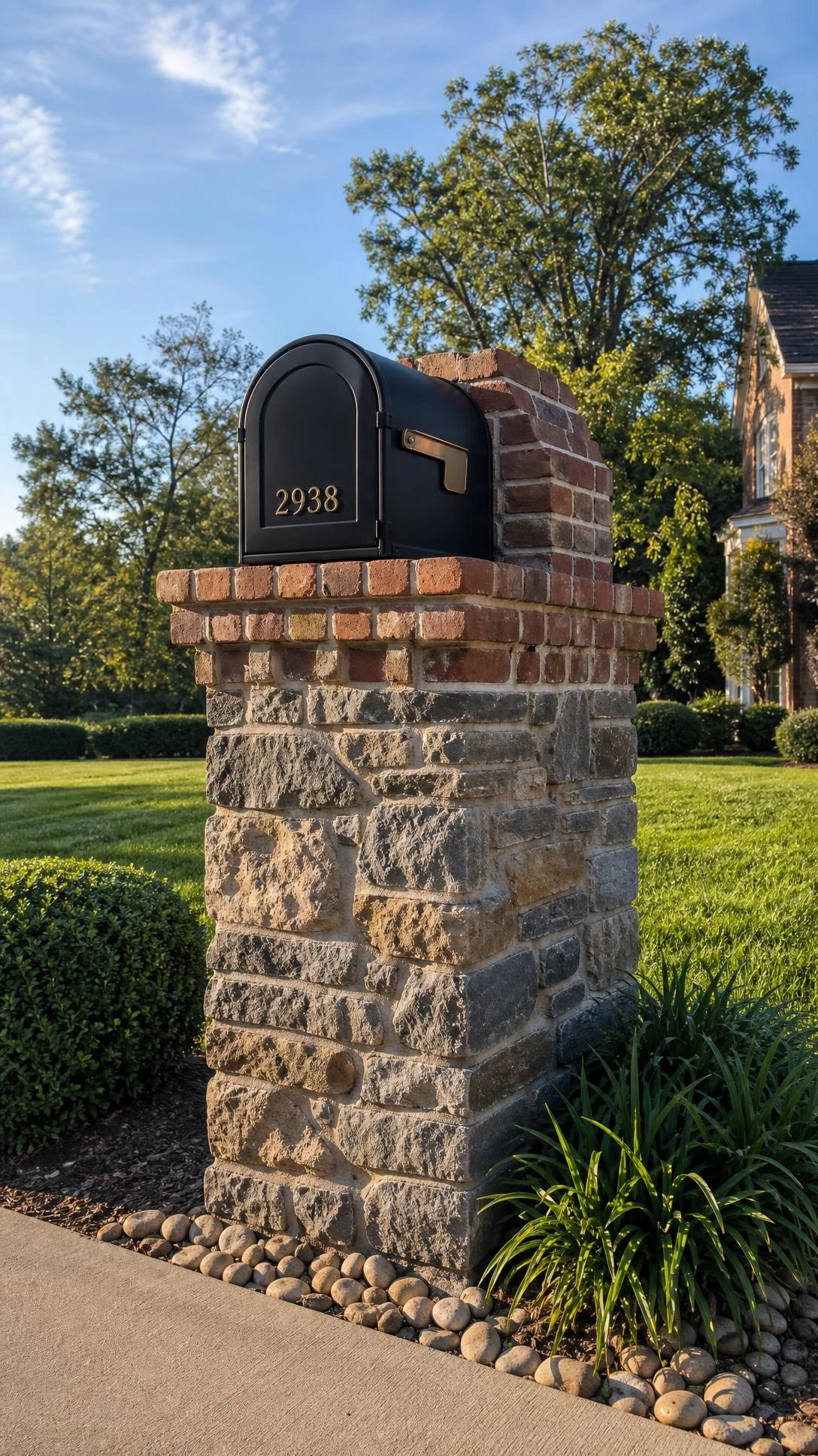 Stacked fieldstone and brick mailbox post surround in gray, charcoal, and tan tones photographed in warm afternoon light, boosting front yard curb appeal