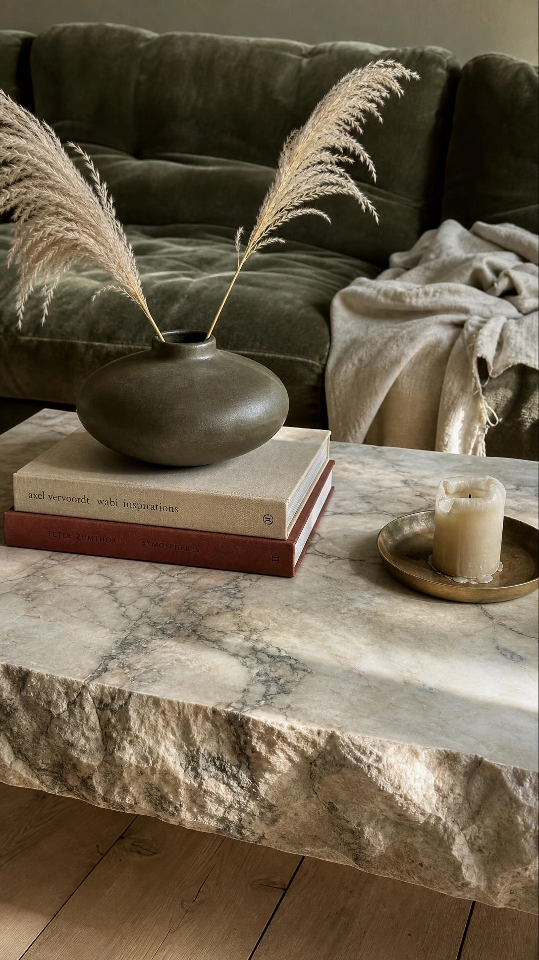 Thick slab Italian marble coffee table with deep grey veining on warm ivory surface, chunky rough-cut edges anchoring a lived-in living room