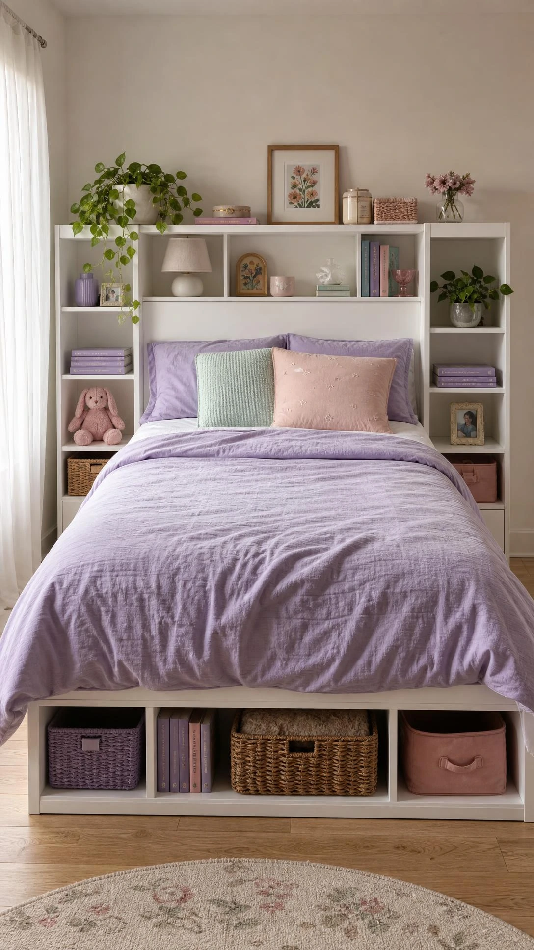 White MDF storage bed with built-in shelves flanking the headboard in a girls room, maximizing vertical space for books and decor