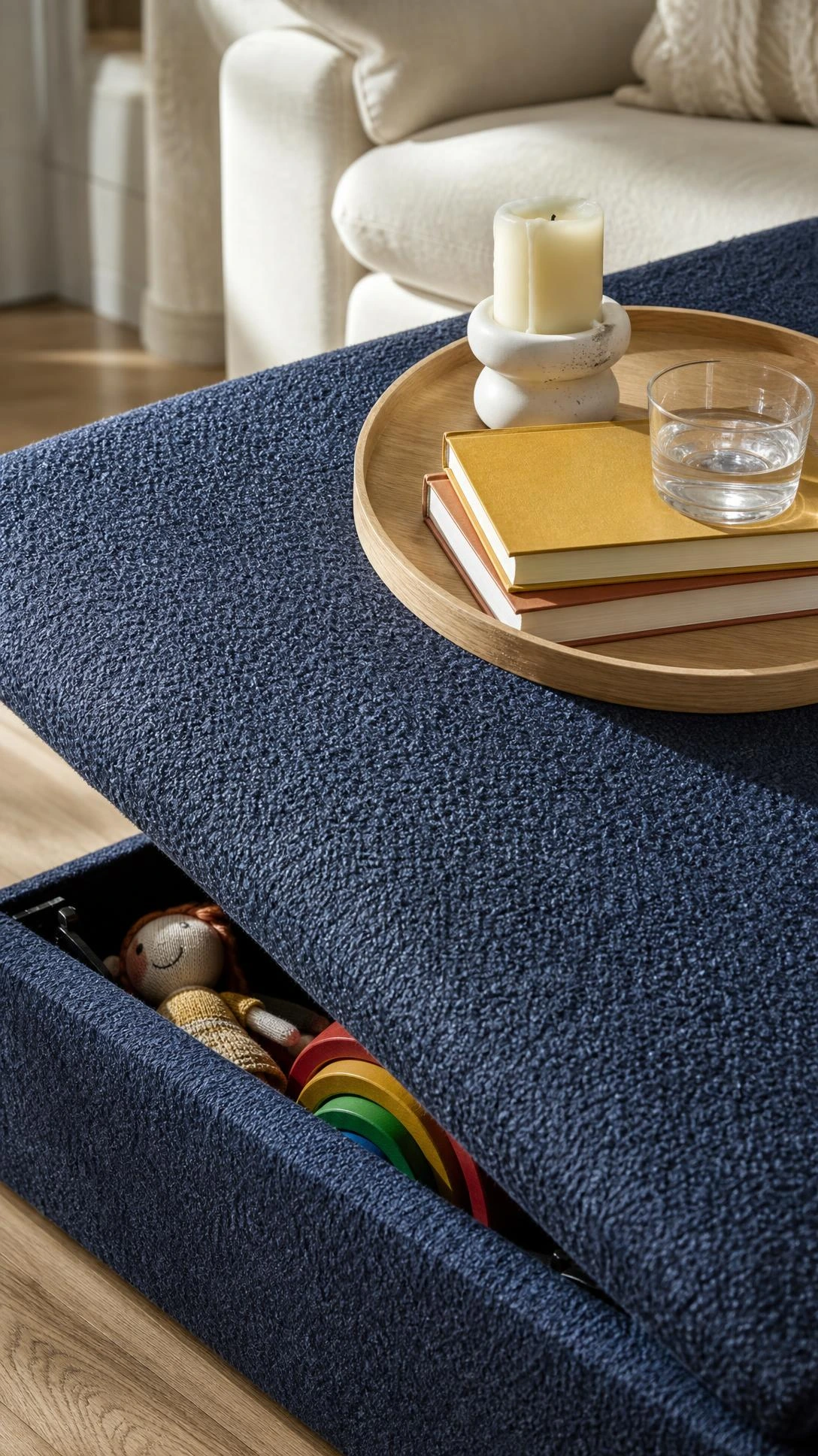 Deep slate blue boucle storage ottoman styled as a coffee table in a living room, showing rich looped texture and dual-purpose toy storage design