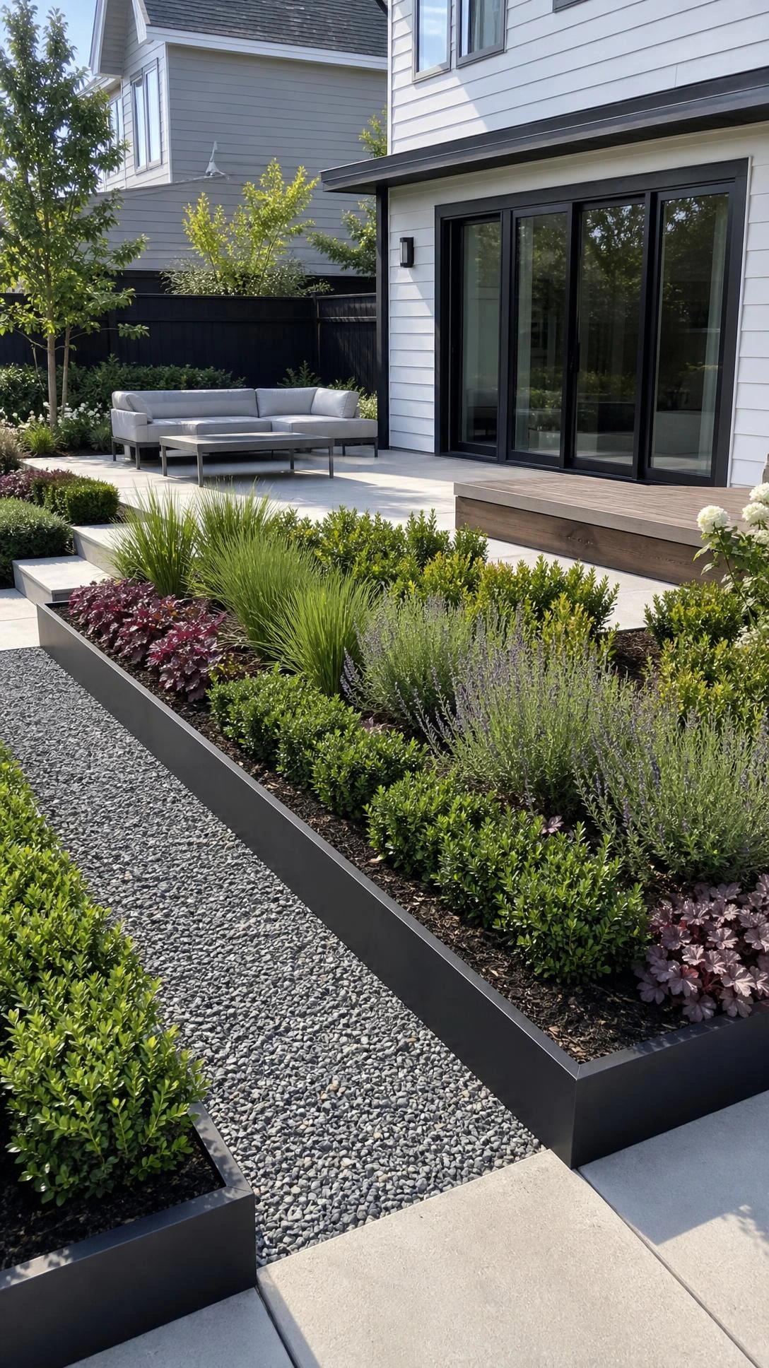 Modern landscape design with straight edge garden beds in a suburban backyard, dark steel and pale concrete borders framing parallel plantings by the patio.