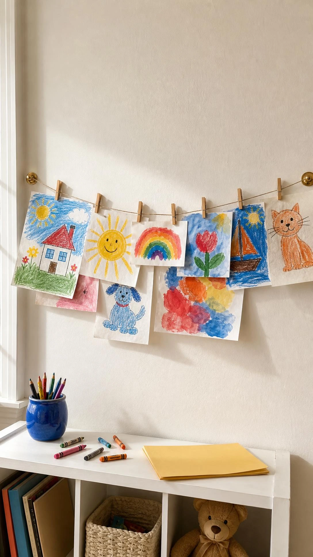Cheerful kids' bedroom wall with a string art display line using jute twine, brass hooks, and wooden clothespins holding colorful crayon and watercolor artwork