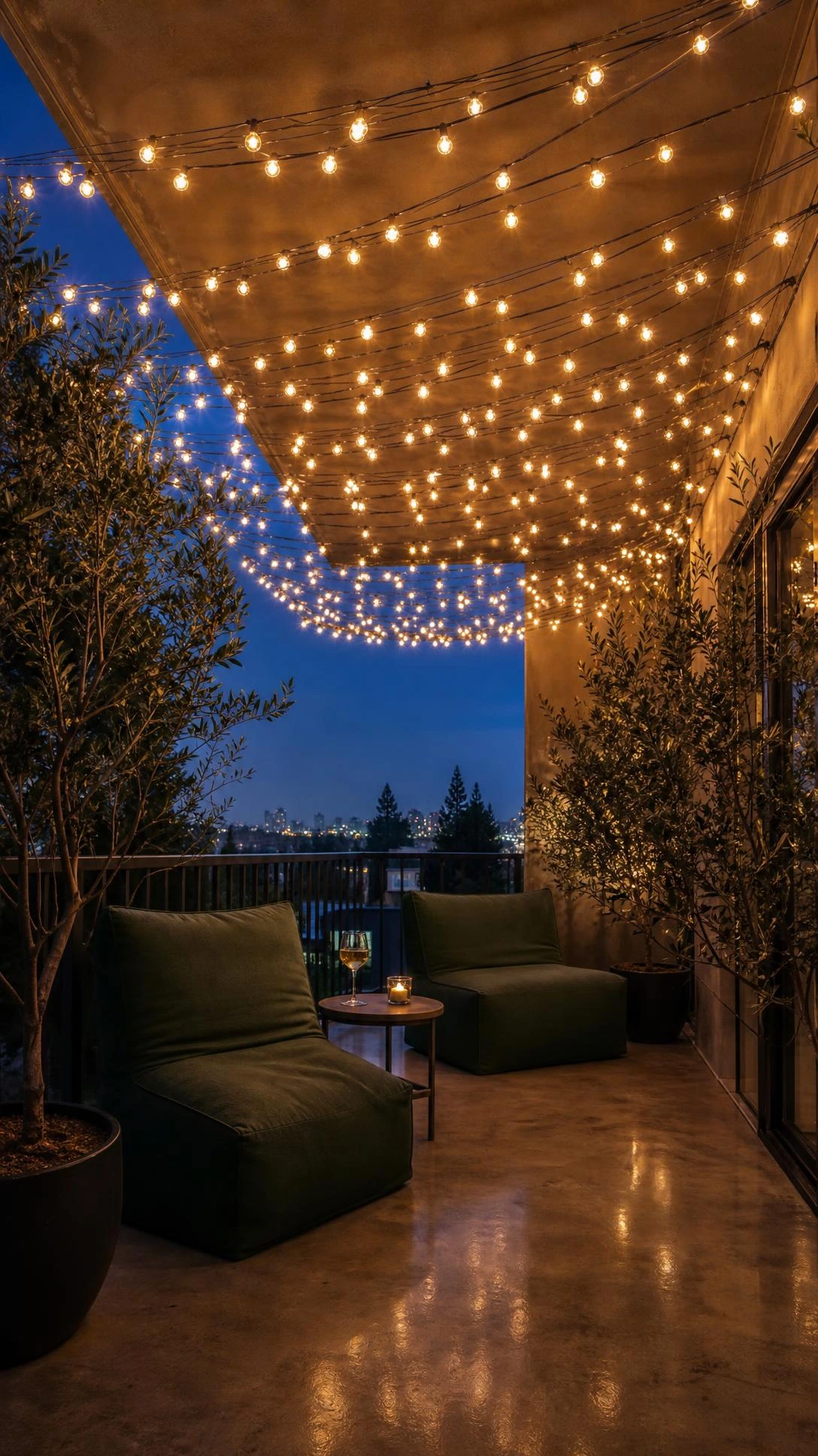 Twilight balcony with a full string light canopy of warm-white Edison bulbs draped in parallel rows, turning the ceiling into a glowing overhead grid