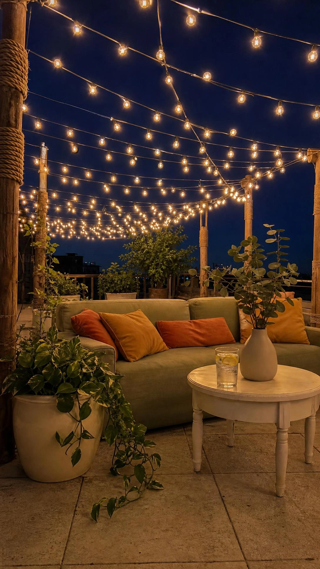 Dense canopy of warm white globe string lights crisscrossed overhead on a rooftop terrace, casting a golden summer evening glow downward
