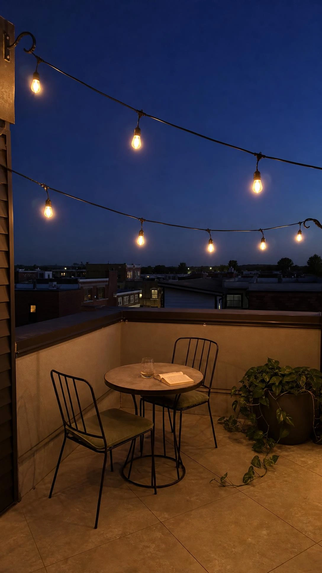 Small rooftop terrace at dusk with warm Edison string lights zigzagged overhead, casting amber glow against a deep blue-violet evening sky