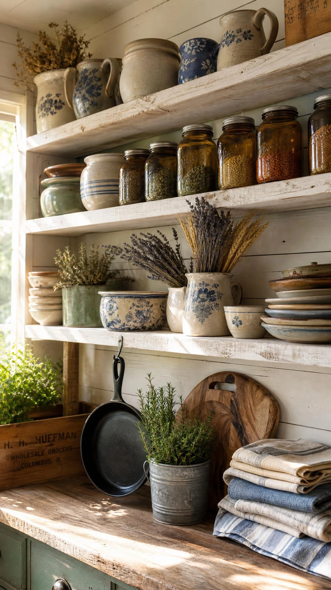 Whitewashed reclaimed pine open shelves in a farmhouse kitchen styled with rustic decor, showcasing layered heights and warm tones from floor to ceiling