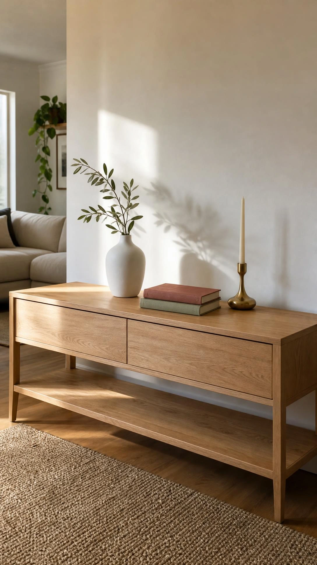 Light oak console table styled with three objects — white ceramic vase with olive branch, slim stacked books, and one small decor piece — demonstrating the 70 percent surface declutter rule