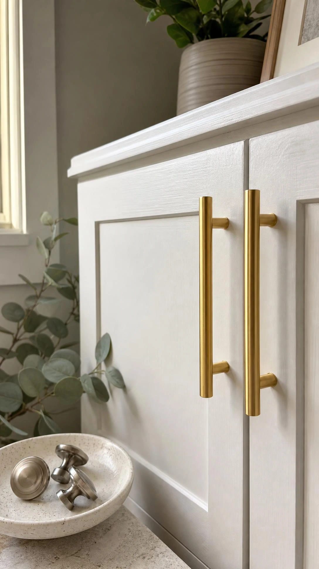 Brushed brass bar pulls installed on a freshly painted white cabinet door, catching soft natural light — a simple hardware swap that transforms the whole kitchen's look