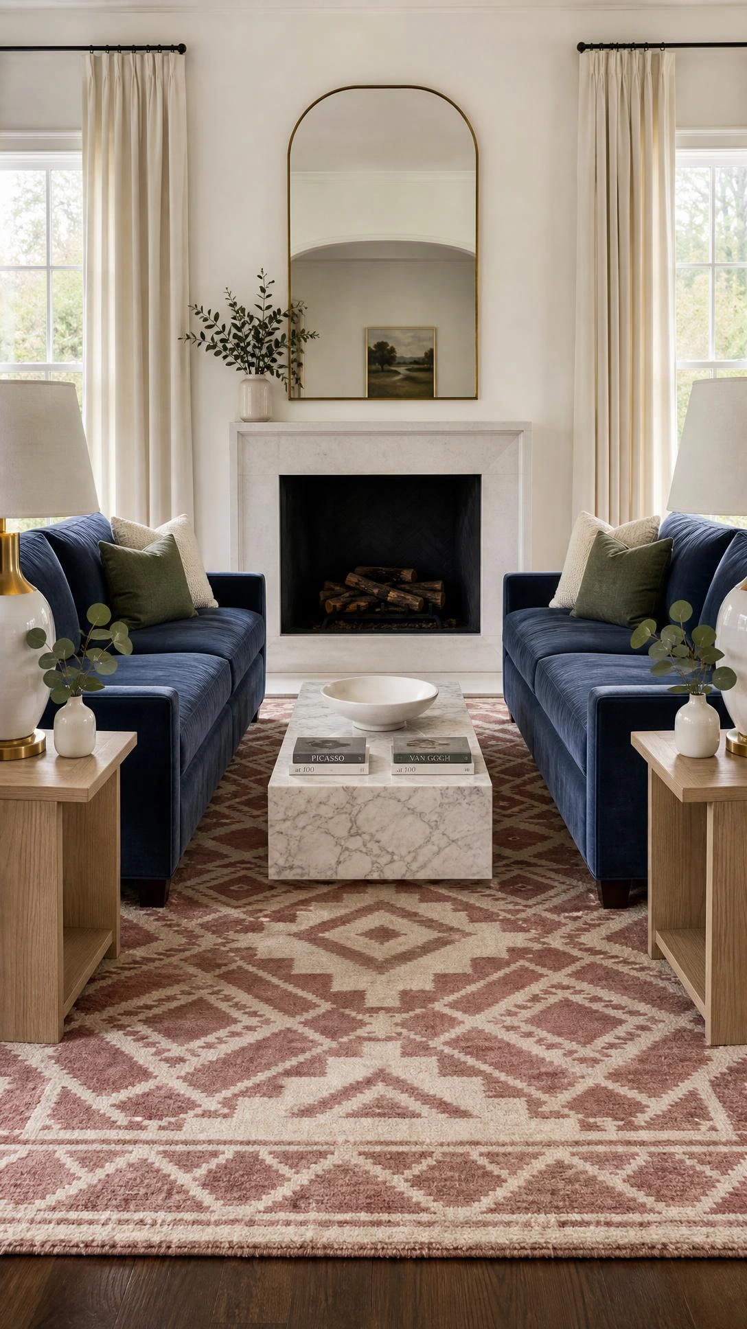 Symmetrical living room with two slate blue velvet sofas facing each other over a marble coffee table on a cream geometric rug