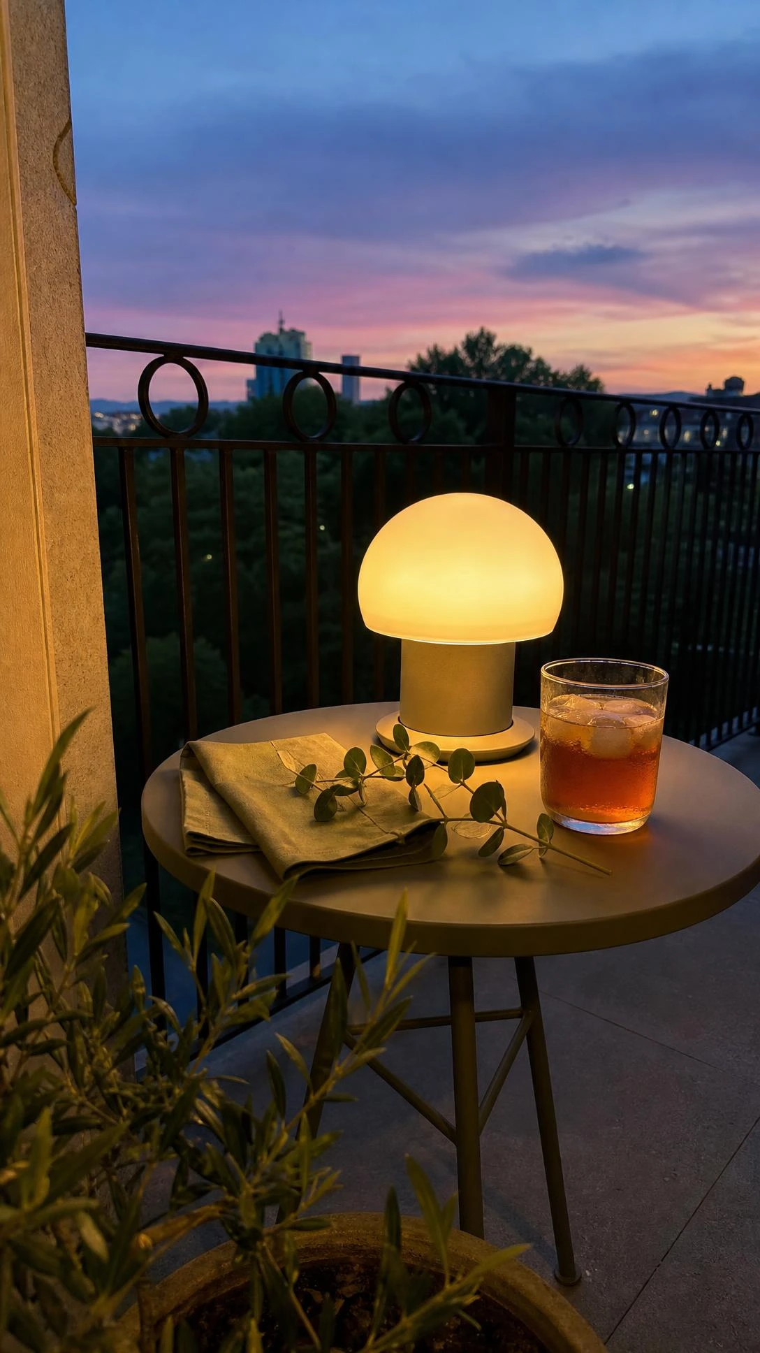 Sleek tabletop LED lamp with frosted globe shade casting warm golden glow on a bistro-style balcony side table at dusk