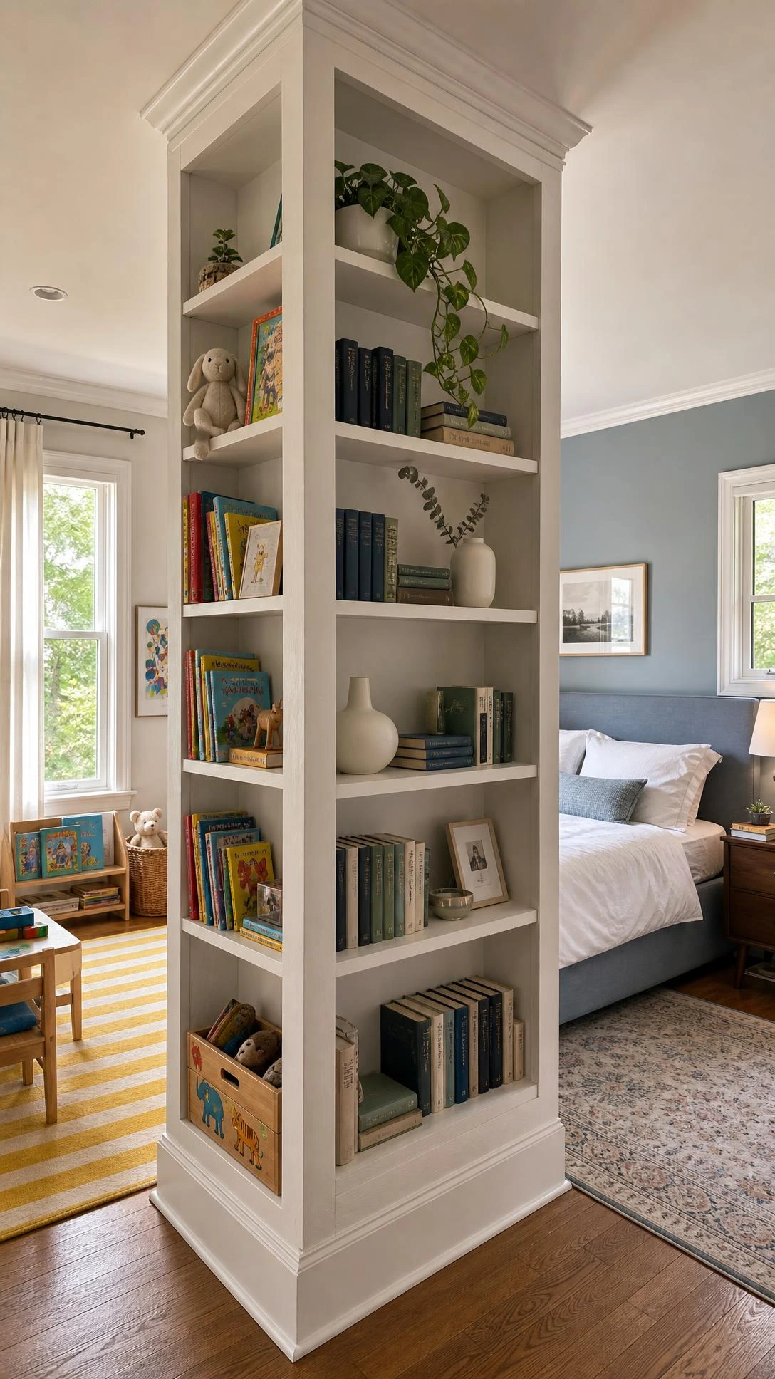 Floor-to-ceiling white bookshelf dividing a shared bedroom into a colorful kids sleep zone and a calm adult retreat without closing off the space
