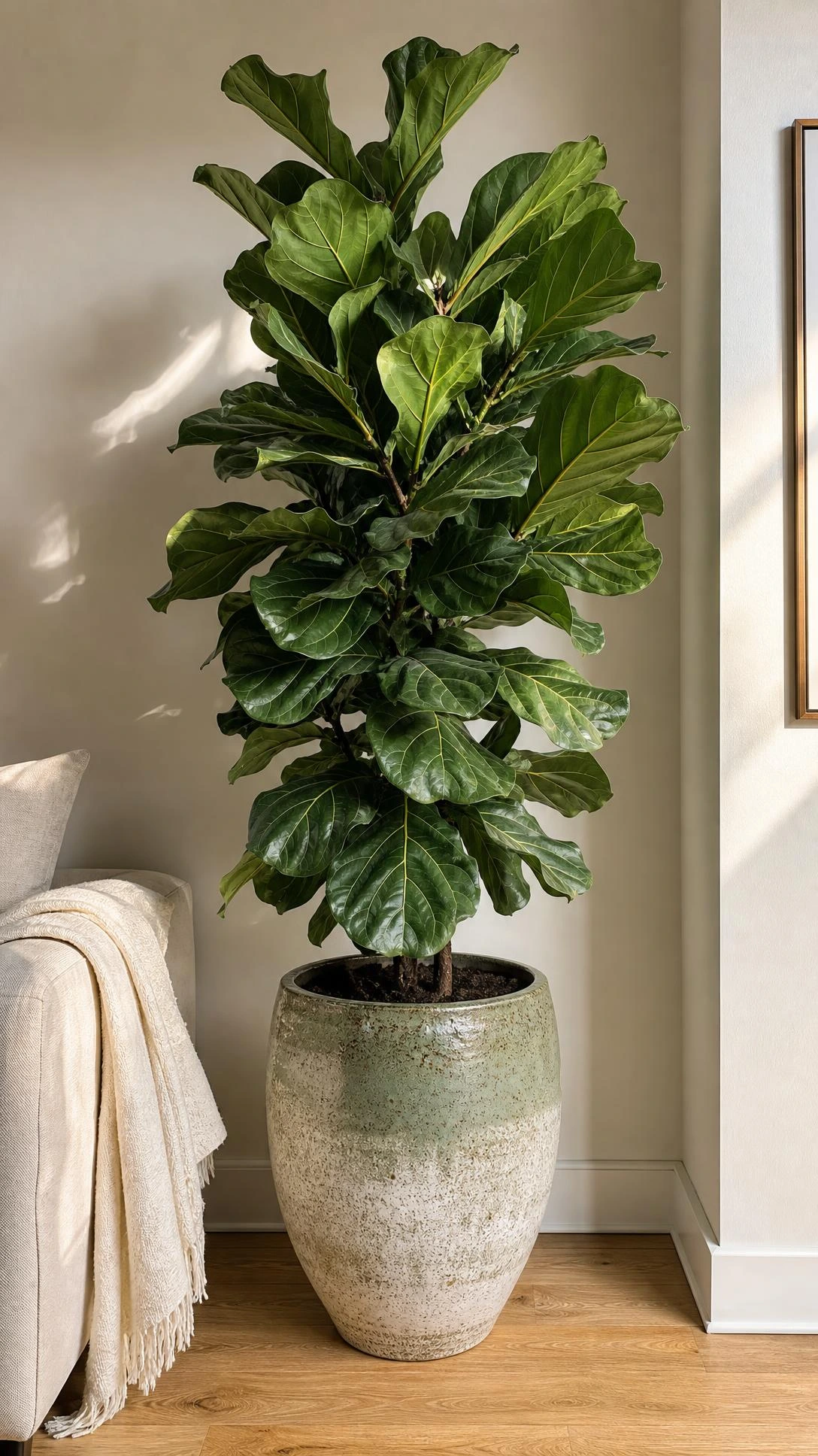 Tall fiddle leaf fig in a textured planter filling a living room corner, broad waxy leaves catching warm afternoon light from a nearby window