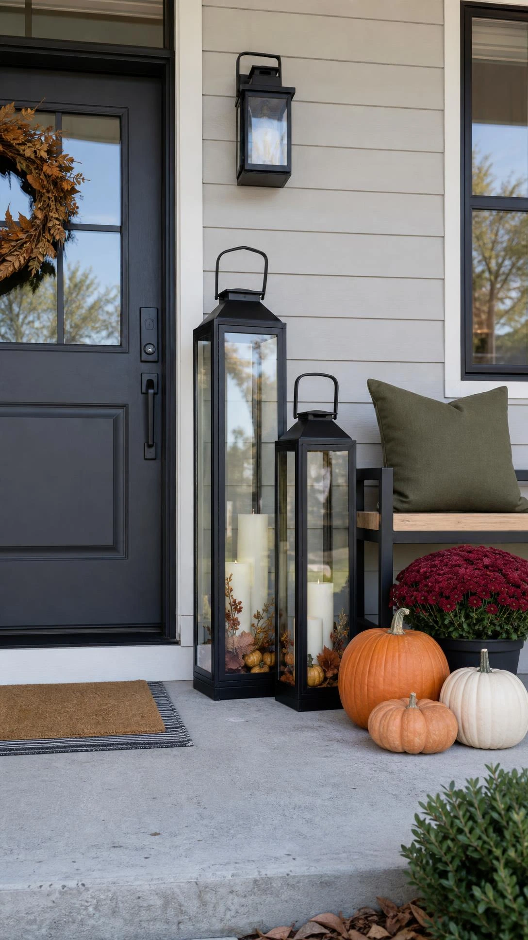 Tall black lanterns with LED candles flank a charcoal front door, offering elegant fall porch decorating ideas for a clean suburban entry.