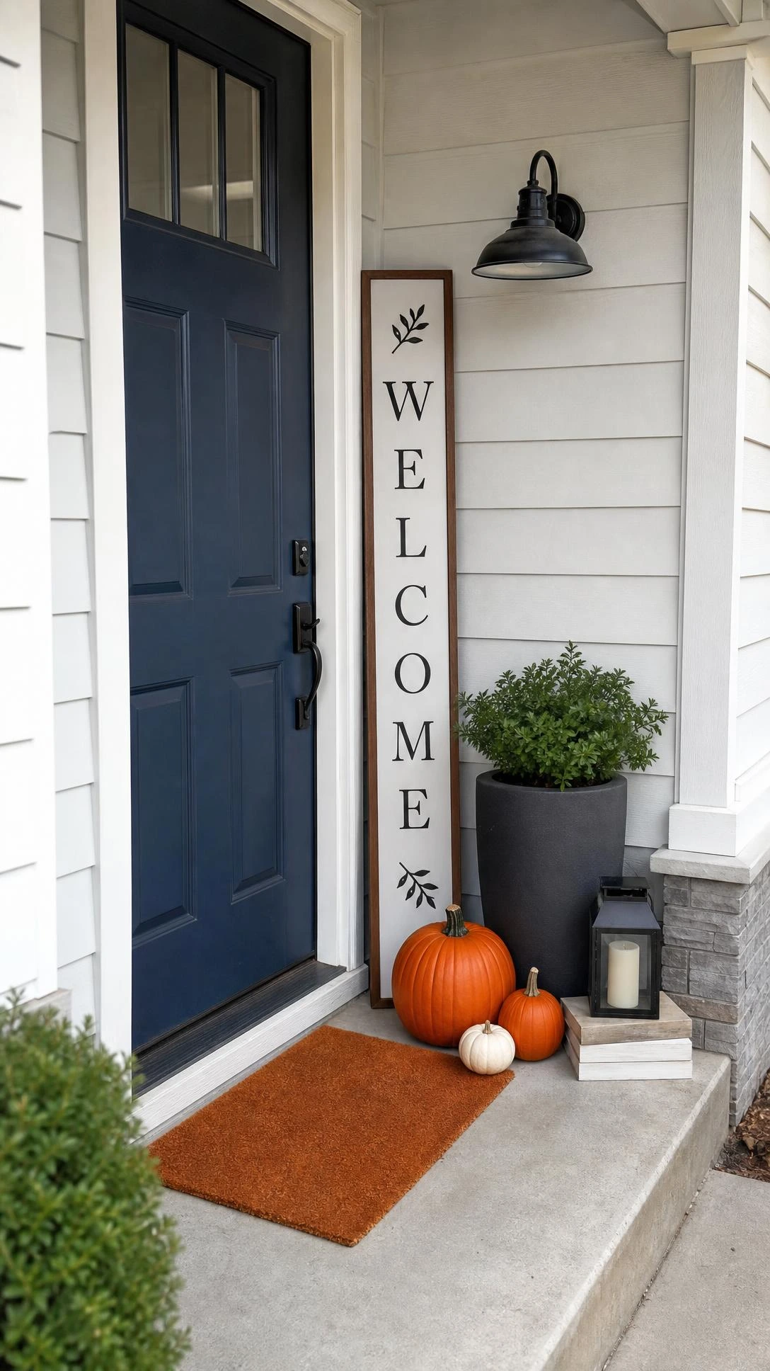 Tall welcome sign beside a dark blue front door on a narrow porch, showing smart fall porch decorating ideas for tight entry spaces.