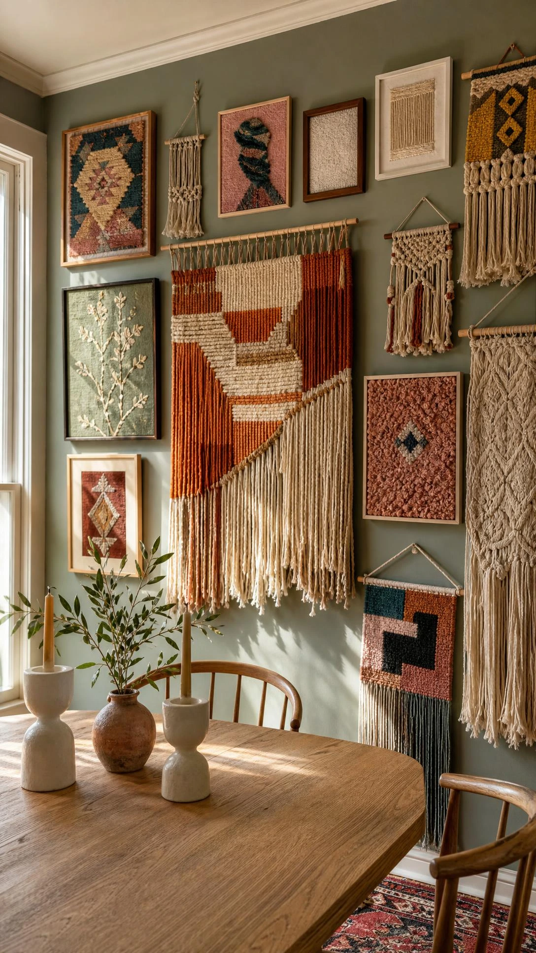 Dining room gallery wall featuring framed woven tapestries in terracotta, dusty rose, and teal mixed with unframed macramé hangings, bathed in natural side light