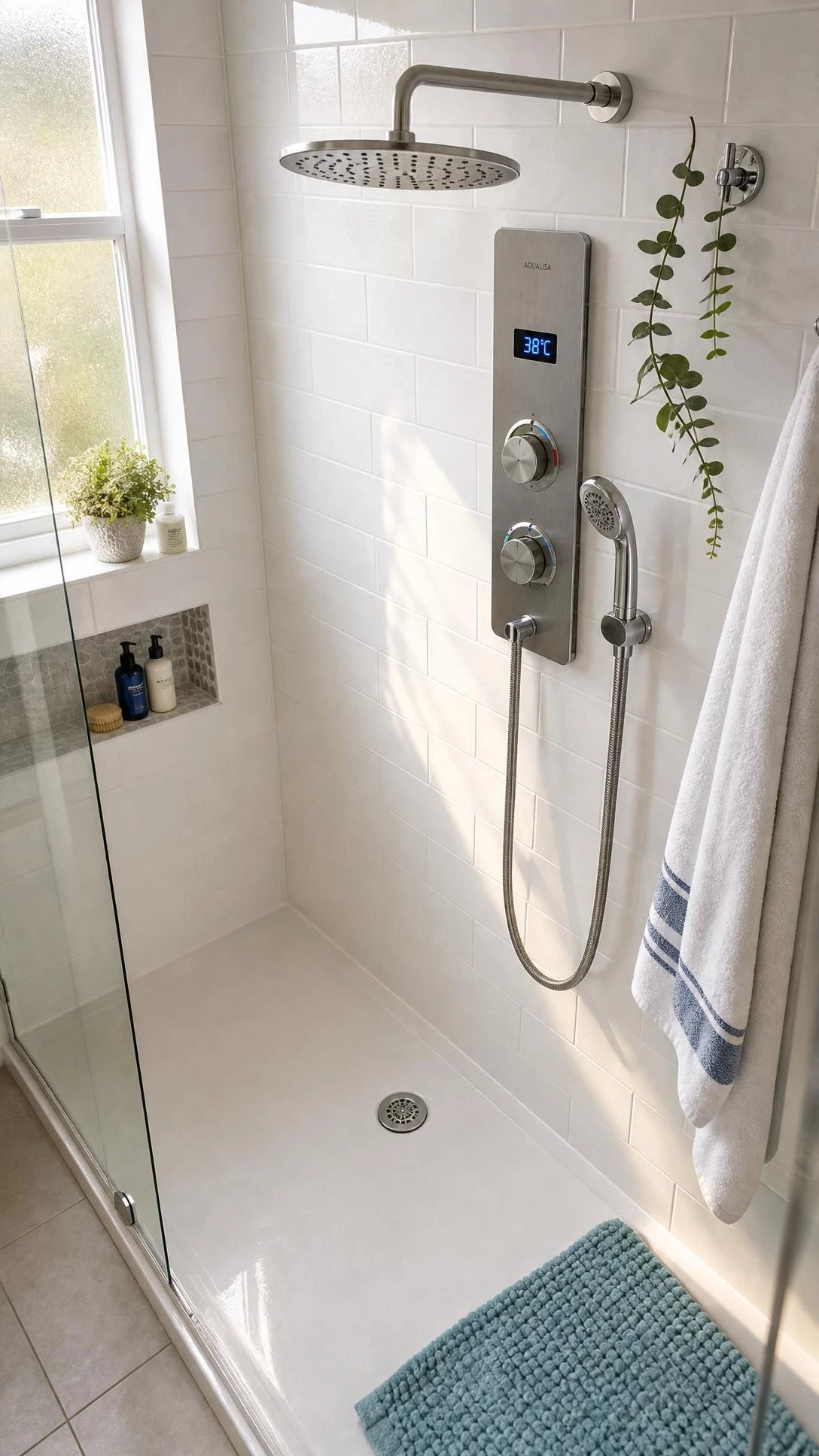 Brushed chrome thermostatic shower panel with dual control dials on white subway tiles, keeping family bathroom water temperature safe and consistent