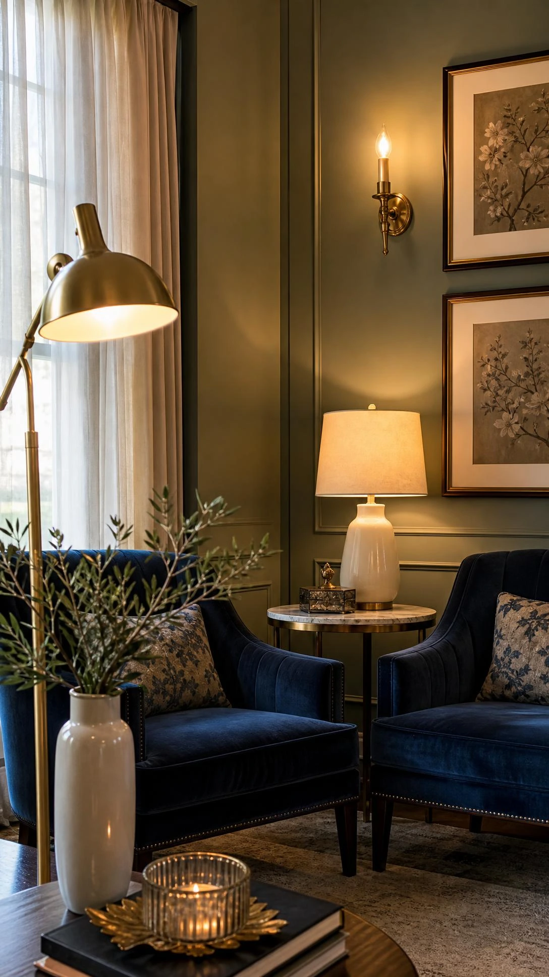 Layered lighting in a small formal living room with a brushed brass floor lamp anchoring the lower left, casting warm directional glow that replaces reliance on a single overhead fixture