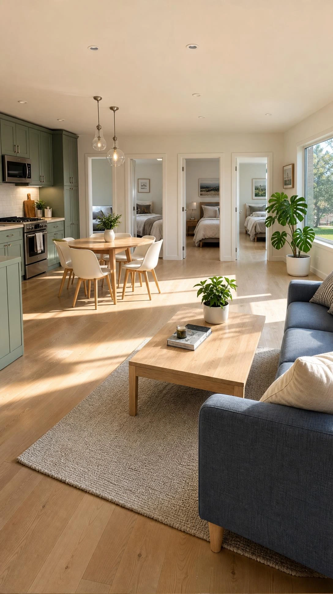Compact 1200 sq ft three-bedroom modern home interior with open-plan living area and natural daylight through wide low-profile window