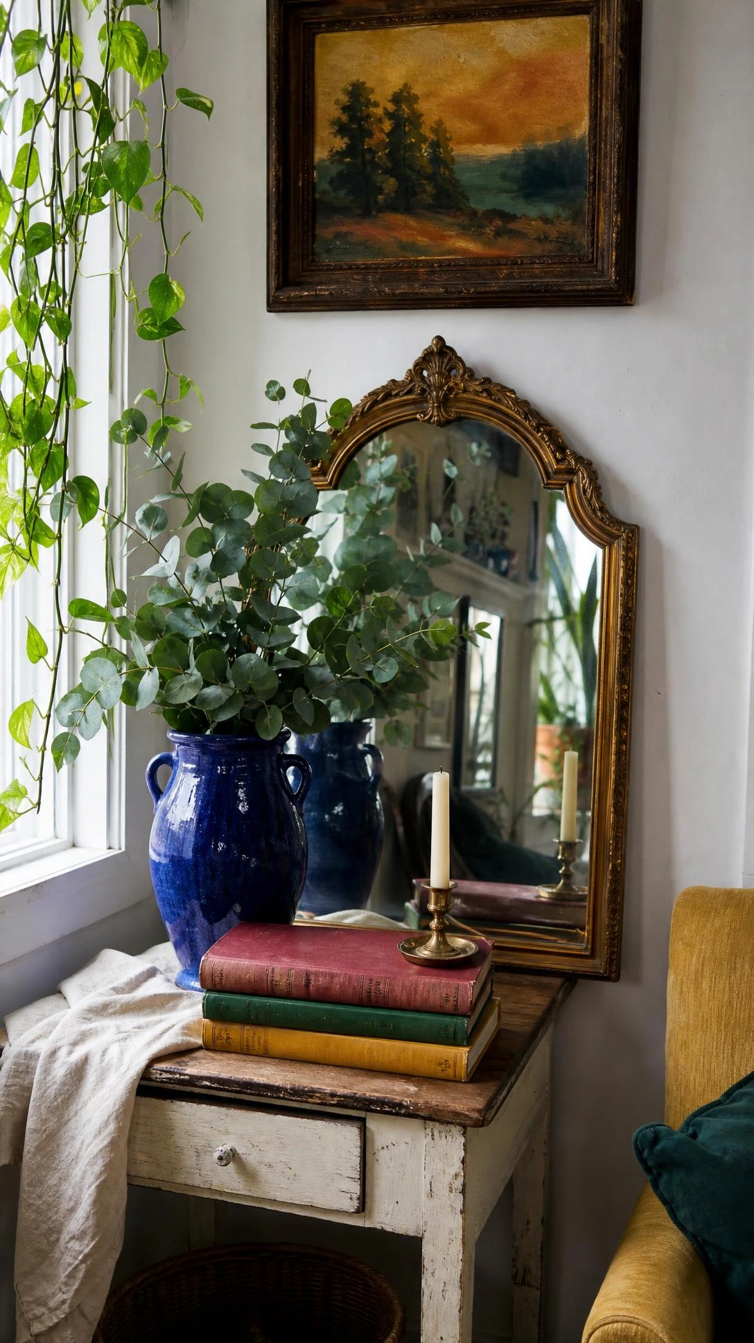 Eclectic thrift store corner with chipped white wooden side table styled under warm window light — proof low budget home decor can look intentional