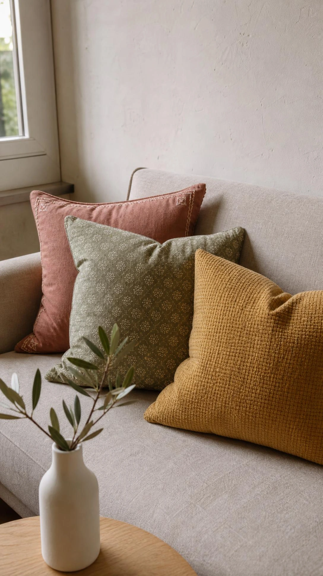 Three decorative throw pillow covers in dusty rose, sage green, and neutral tones styled on a linen sofa — a simple low budget home decor swap with big visual impact