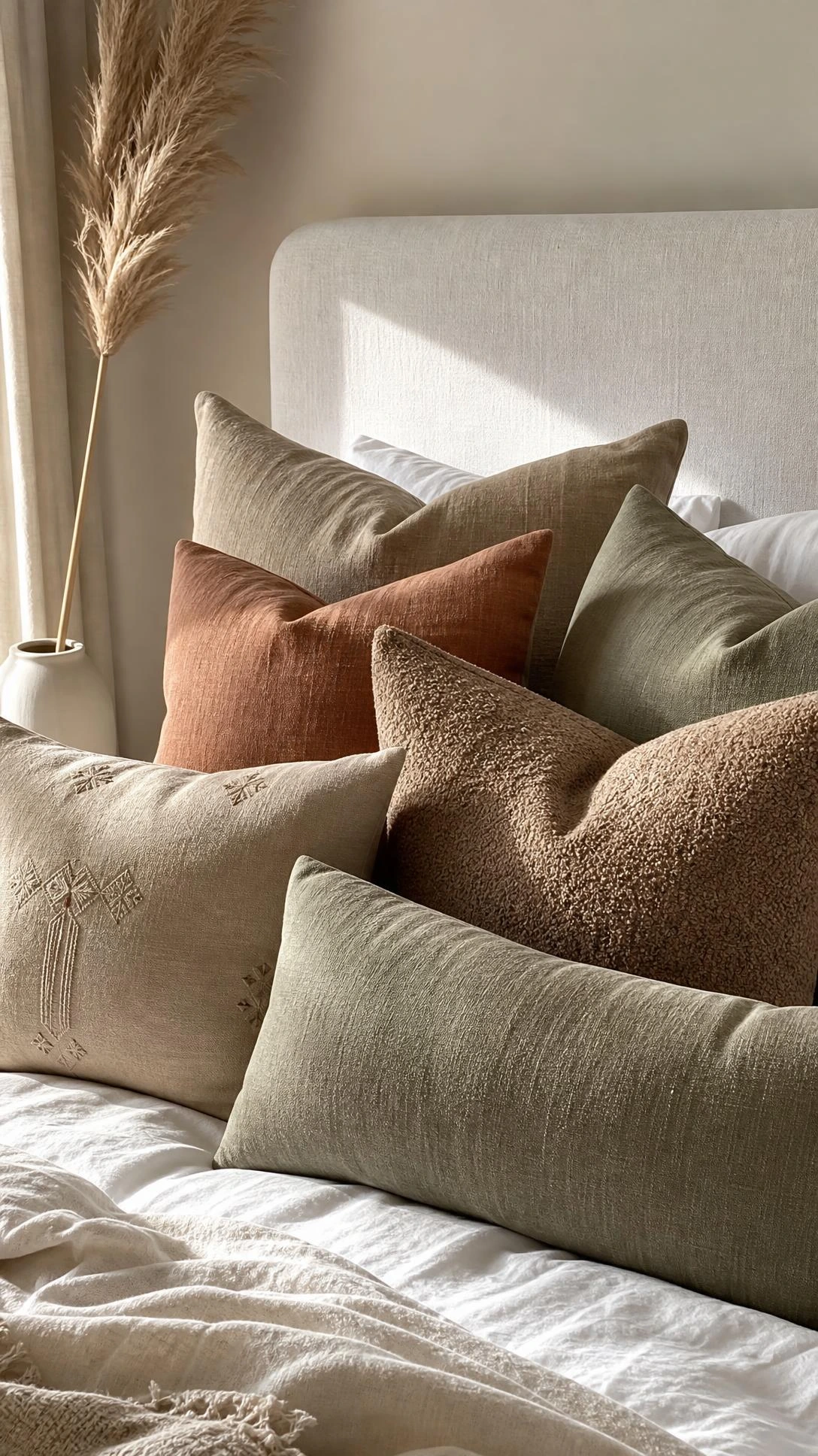 Layered throw pillows in muted earthy tones — taupe, clay, sage, and terracotta linen — styled against a white upholstered headboard for a calm, textured white and beige bedroom look